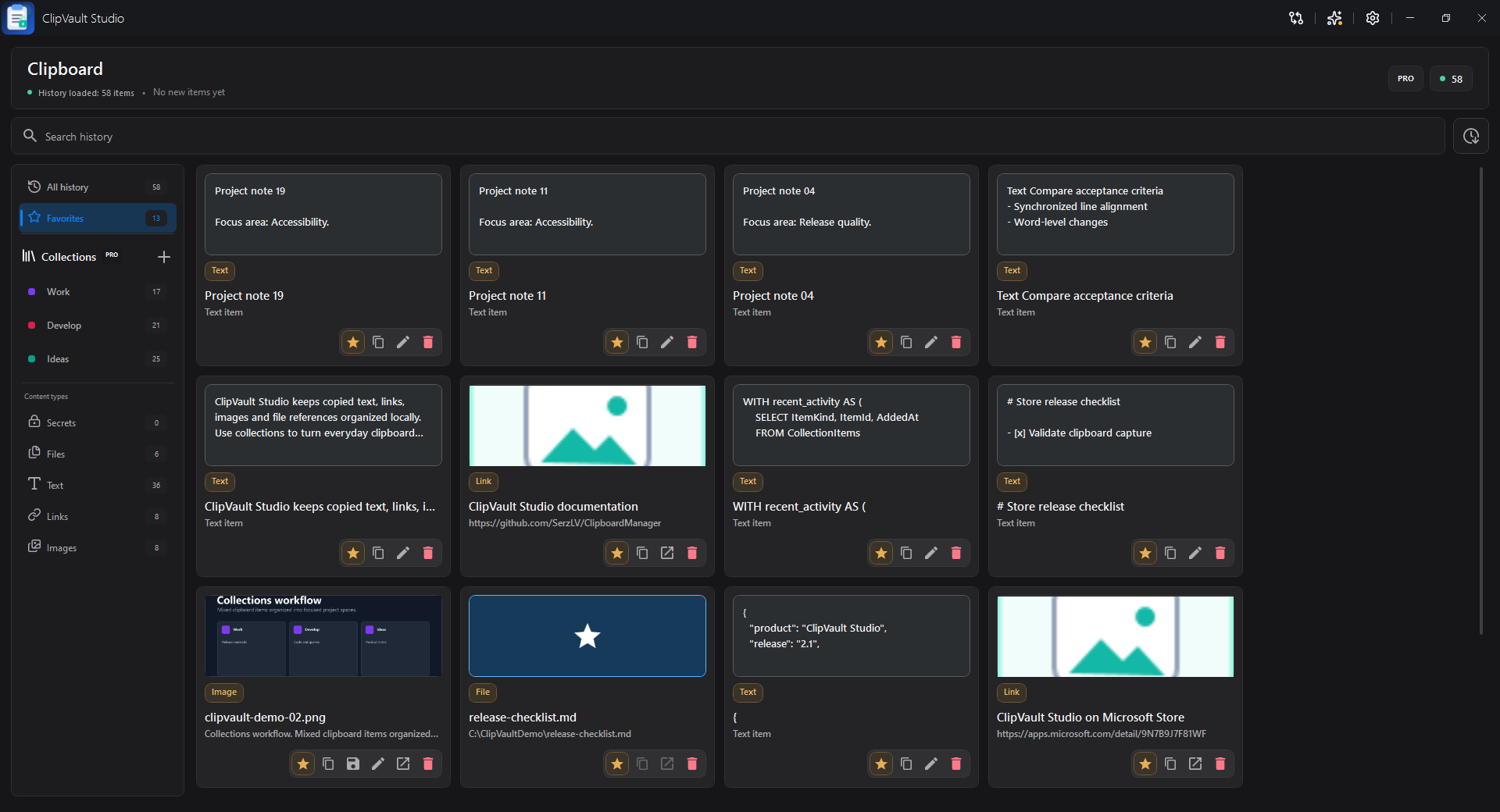ClipVault Studio library showing collections and clipboard history
